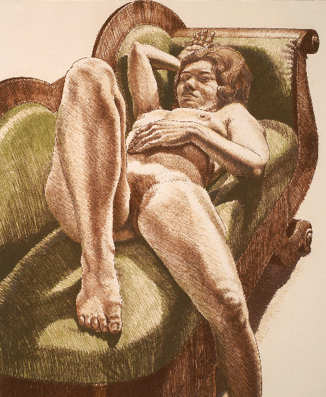 Reclining Nude On Green Couch 1974 Lithograph 26x22 By Philip