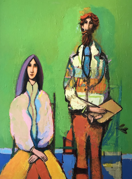 Man With Paint Brush And Palette With Seated Woman 1980 39x51 Original Painting - David Adickes