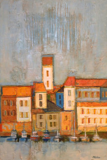 Port Scene in Blues And Orange 1968 35x47 Huge Original Painting - David Adickes Port Scene in Blues And Orange 1968 35x47 Huge Original Painting - David Adickes