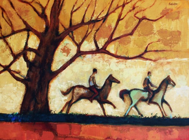 Two Horsemen Rustic Ride 1980 30x40 Huge Original Painting - David Adickes