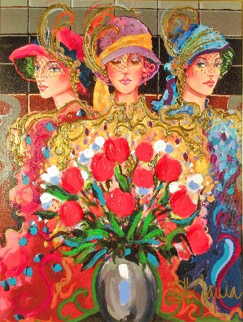 Three Ladies with Wildflowers AP 2004 Embellished - Huge Limited Edition Print - Otto Aguiar