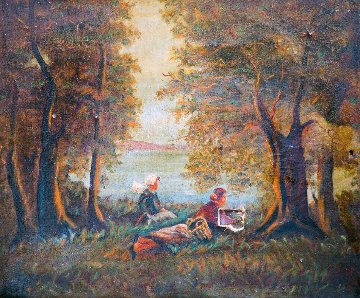 Girls Sit on River 1900 23x31 Original Painting - Paul Aizpiri Girls Sit on River 1900 23x31 Original Painting - Paul Aizpiri