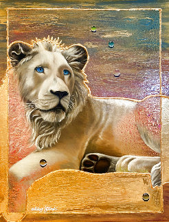 Untitled Lion Portrait 2005 26x32 Original Painting - Juergen Aldag