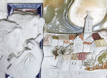Two Figures And a Village Ceramic Plaque  18x22 Sculpture - Sunol Alvar