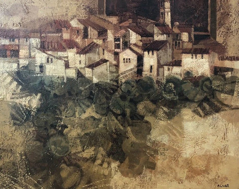 Catalan Village  1978 (early) 33x39 Original Painting - Sunol Alvar
