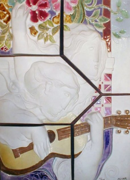 Two Guitar Players and La Violoncelle, Suite of 2 Ceramic Wall Sculptures 1980 24x17 Sculpture by Sunol Alvar