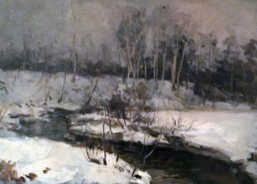 Winter Scene by a River 2005 28x34  Original Painting - Peter Andrianov
