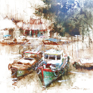 Resting Boats (Old Singapore) 1977 18x18 Original Painting - Ang Ah Tee Resting Boats (Old Singapore) 1977 18x18 Original Painting - Ang Ah Tee