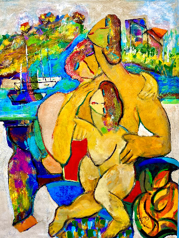Family Fun on the French Riviera 1998 44x34  Huge Original Painting - Giora Angres
