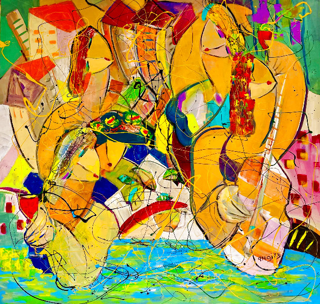 Swim Up Bar 2005 46x46 Huge Original Painting by Giora Angres