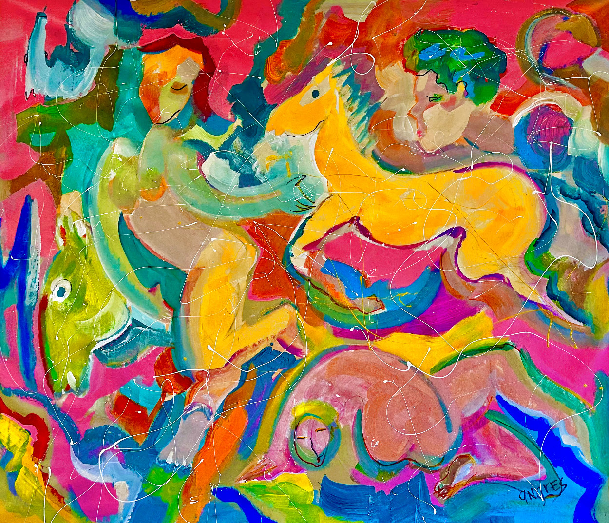 Horse'n Around 2021 48x52 Huge Original Painting by Giora Angres