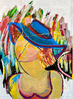 Bleu Hat 2002 46x34 Huge Original Painting - Giora Angres