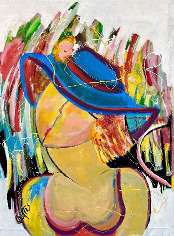 Bleu Hat 2002 46x34 - Huge Original Painting - Giora Angres