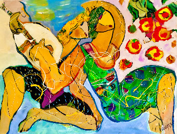 Couple in a Bed of Roses  2004 34x44  Huge Original Painting - Giora Angres