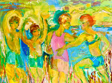Beach Yoga 2018 48x58 Huge Original Painting - Giora Angres Beach Yoga 2018 48x58 Huge Original Painting - Giora Angres