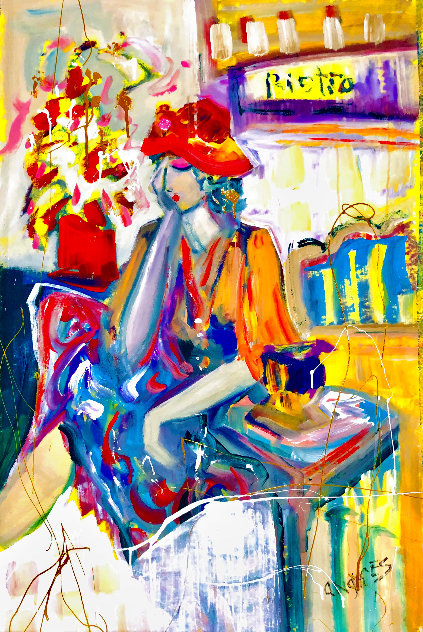 Girl With Red Hat 1992 48x31 Huge  Early Original Painting by Giora Angres