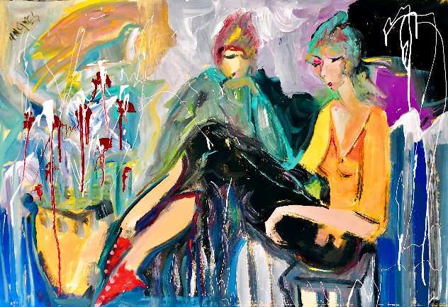 Waiting 1992 31x48 Huge Painting Original Painting by Giora Angres
