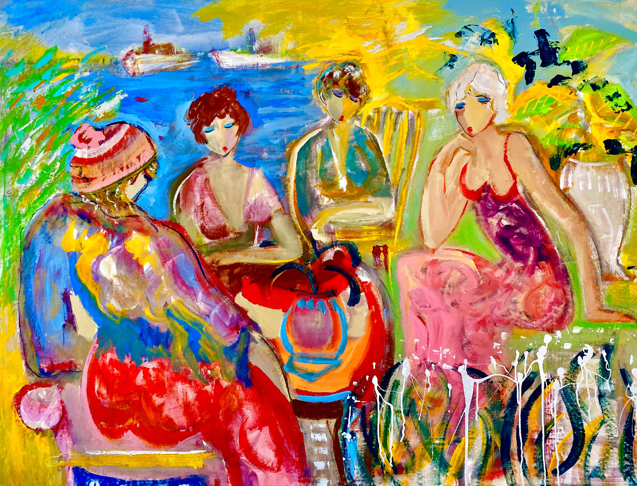 Mother And Her Daughters 2002 48x60 Huge  Original Painting by Giora Angres