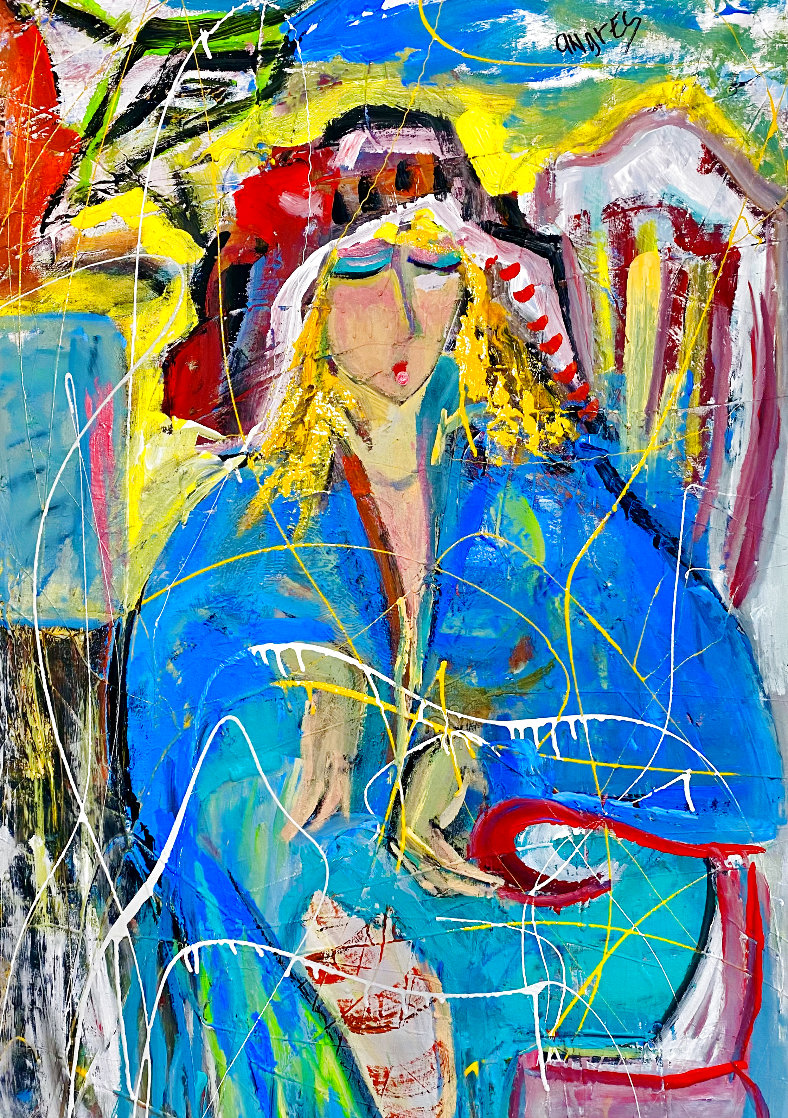 Lady in Blue Dress 1998 46x32 Huge Original Painting by Giora Angres