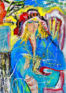 Lady in Blue Dress 1998 46x32 Huge Original Painting - Giora Angres