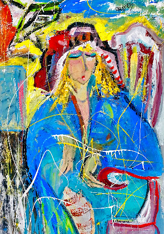 Paris Series: Lady in Blue Dress 1998 46x32 Huge Original Painting - Giora Angres
