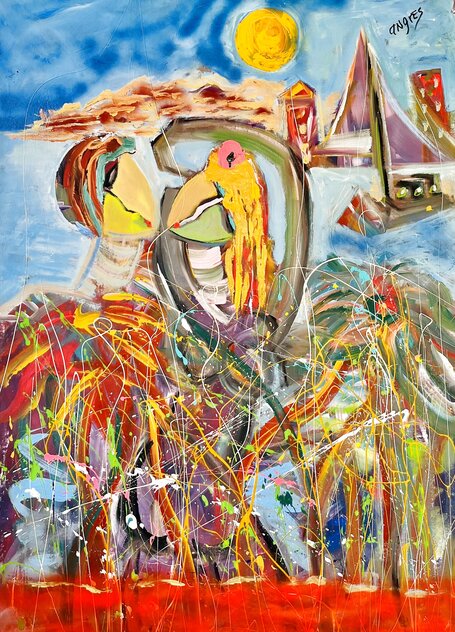 Island Sail Away 2022 60x46 - Oil and Acrylic on Canvas - Huge Original Painting by Giora Angres
