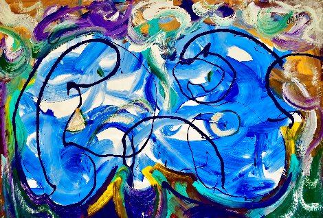 Blue Spa Twins 2023 43x60 - Huge Original Painting - Giora Angres
