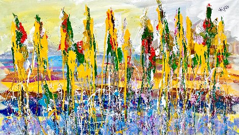 Sailboats in a Harbor 30x56 - Huge Original Painting - Giora Angres