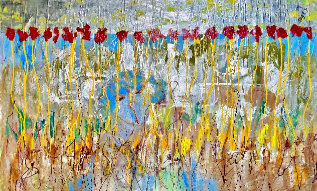 Poppies For a Blue Lady Original Painting by Giora Angres