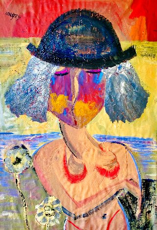 Girl by the Sea 1998 42x58 - Huge Original Painting - Giora Angres