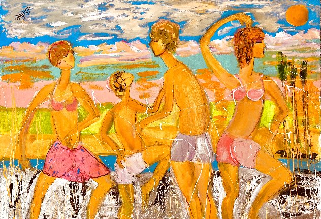 Family at the Beach 2023 62x45 - Huge Painting Original Painting by Giora Angres