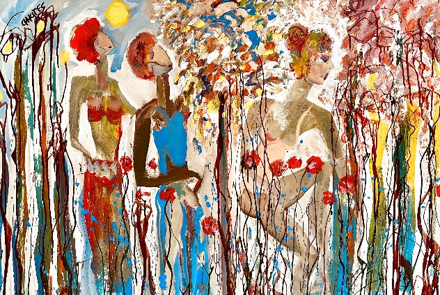 Mother And Daughters At the Park 2021 62x44 - Huge Original Painting by Giora Angres