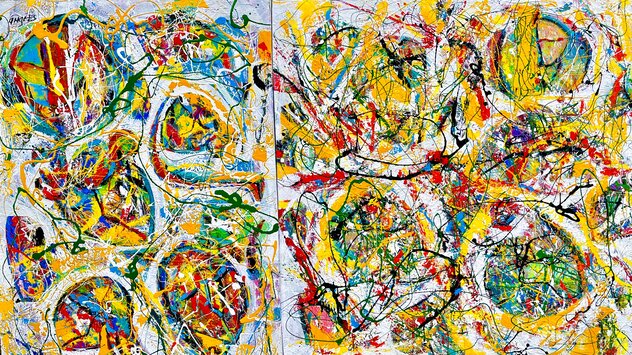 Fabulous Friends - Diptych - 2017 52x90 - Huge Mural Size - Signed Twice by Giora Angres