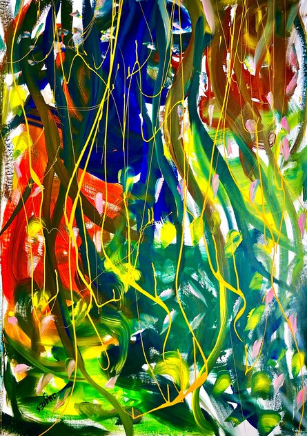 Birds on a Branch 2022  - 45x62 - Huge Original Painting by Giora Angres