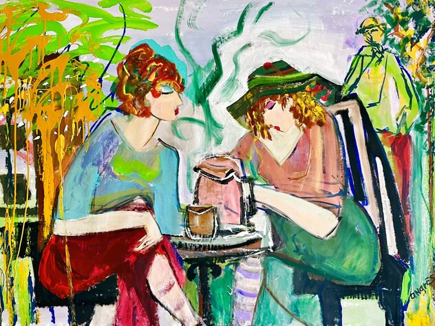 Secret Chat 1992 45x62 - Huge Original Painting by Giora Angres