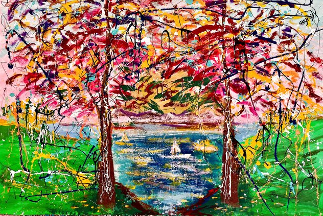 Colorful Sailboats 2017 Mixed Media on Canvas 44x60 - Huge by Giora Angres