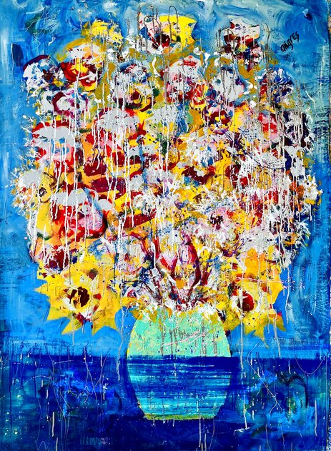 Gold and White Flowers 2019 62x46 Mixed Media on Canvas - Huge Original Painting by Giora Angres Gold and White Flowers 2019 62x46 Mixed Media on Canvas - Huge Original Painting by Giora Angres