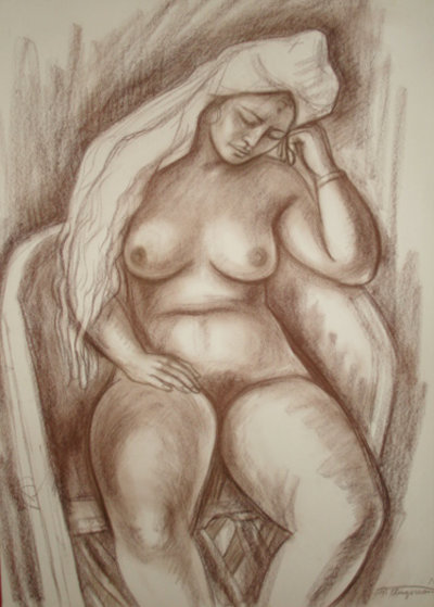 Odalisca Pastel 1979 36x28 Original Painting by Raul Anguiano Odalisca Pastel 1979 36x28 Original Painting by Raul Anguiano