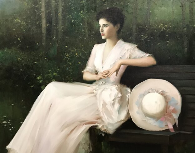 Waiting in the Park 34x44 Huge Original Painting -  An He