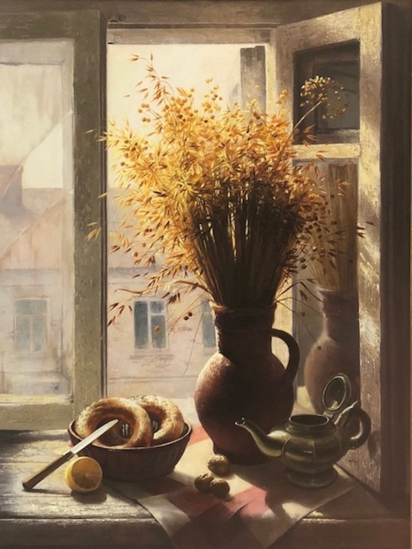 My Window With Bagel 1990 45x35 Super Huge Original Painting by Dmitri Annenkov My Window With Bagel 1990 45x35 Super Huge Original Painting by Dmitri Annenkov