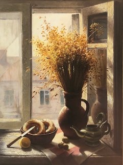 My Window With Bagel 1990 45x35 Huge Original Painting - Dmitri Annenkov