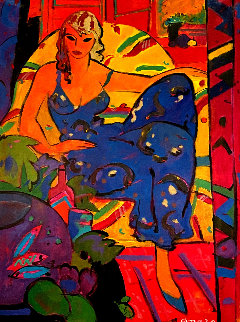 Dona Amb Vesti Blau 1994 59x46 Huge - Mural Size Original Painting - Manel Anoro
