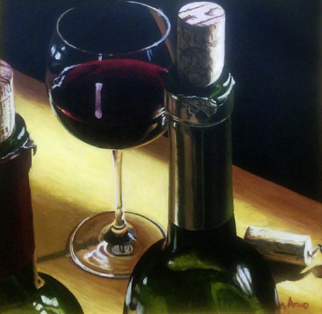3 Corks, 2 Bottles And One Glass of Wine 1997 40x40 Original Painting - Thomas Arvid