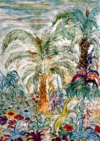 Untitled Palm Tree Landscape 2006 39x28 Original Painting - Leon Azoulay