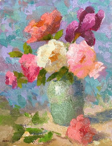 Vase With Iris Bouquet 2014 18x14 Original Painting - Ernie Baber