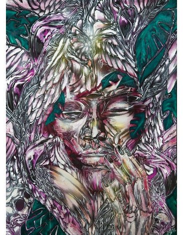 Woman with Leaves and Feathers 44x32 - Huge Original Painting - Johnathan Ball