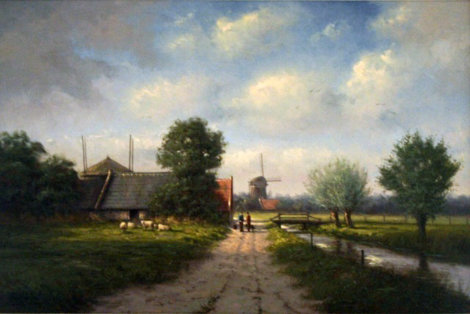 Pastoral Dutch Landscape with Windmill 2007 24x36 Original Painting - Simon Balyon