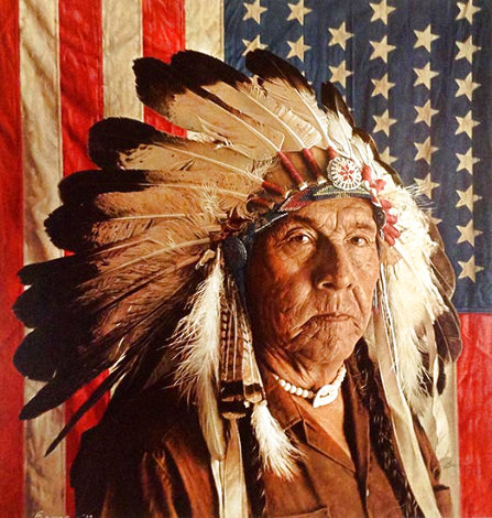 Chester Medicine Crow with His Father's Flag 1972 Limited Edition Print - James Bama