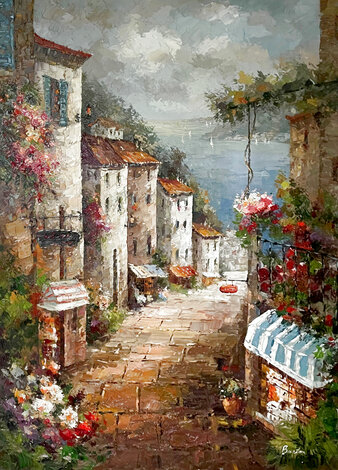 Untitled Mediterranean Street Scene 58x45 - Oil on Canvas - Huge Original Painting - Edward Barton