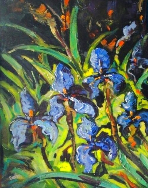 Irises 2008 34x44 - Framed Oil on Burlap - Huge - Wavy Frame Original Painting by Steve Barton